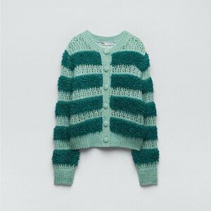 Zara - knit - Green striped cardigan S